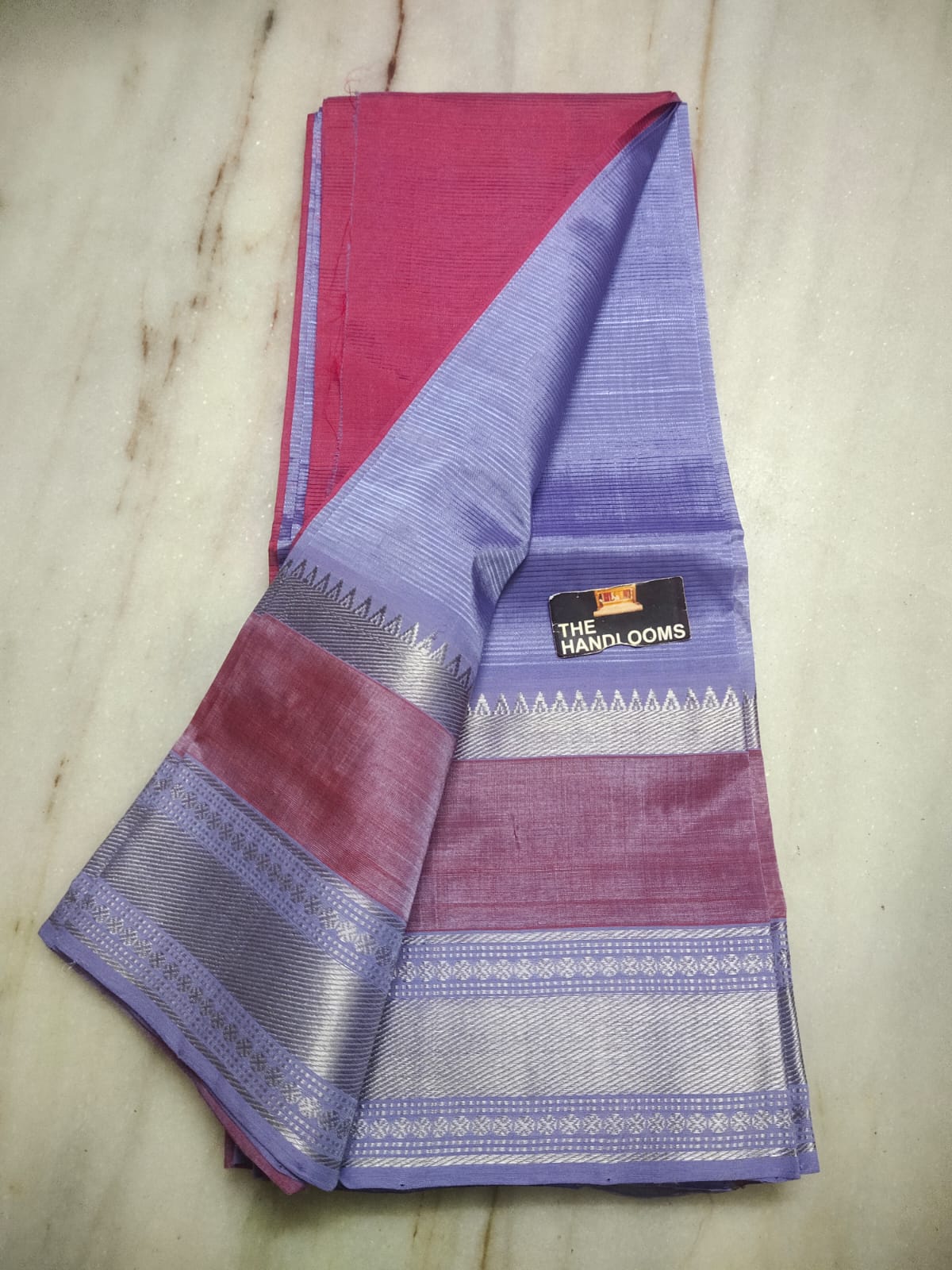 Mangalagiri Silk / Cotton Kanchi Silver Zari Gap Border Saree With Contrast Blouse