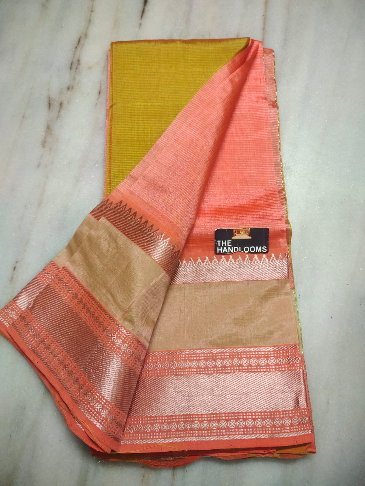Mangalagiri Silk / Cotton Kanchi Silver Zari Gap Border Saree With Contrast Blouse