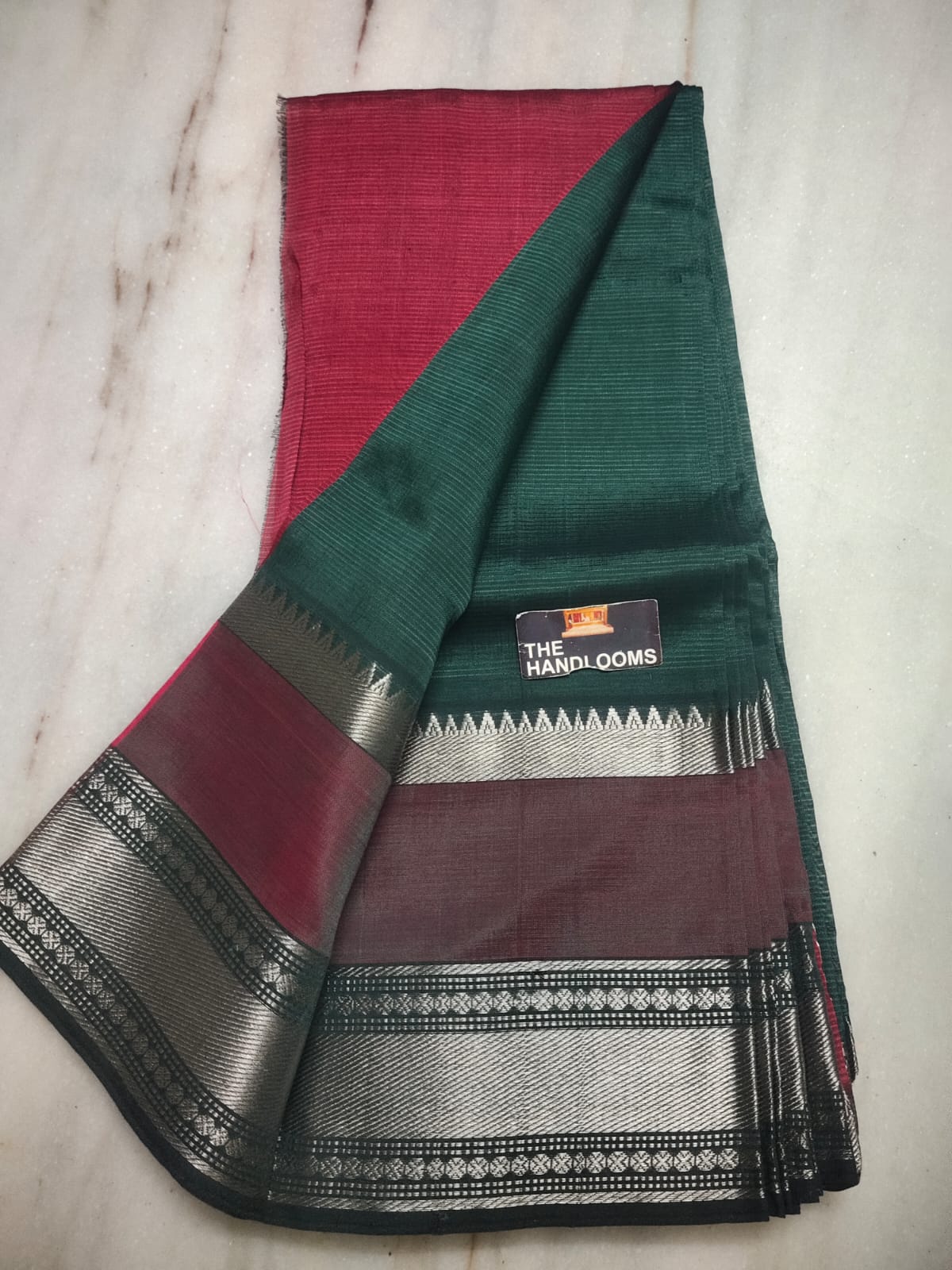Mangalagiri Silk / Cotton Kanchi Silver Zari Gap Border Saree With Contrast Blouse