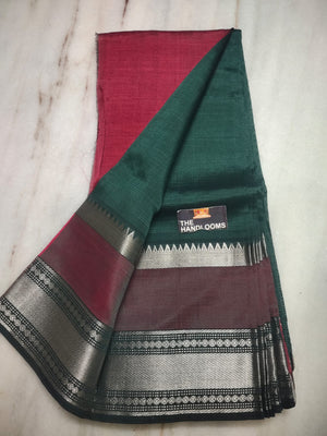 Mangalagiri Silk / Cotton Kanchi Silver Zari Gap Border Saree With Contrast Blouse