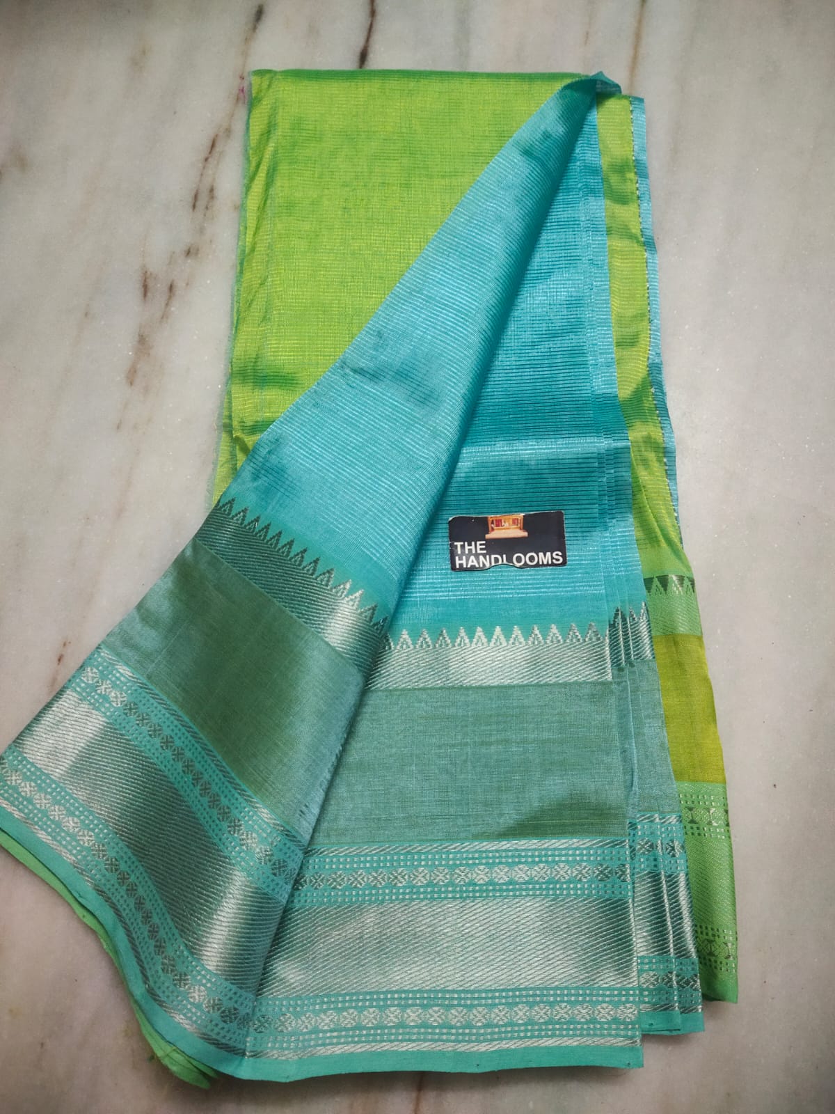 Mangalagiri Silk / Cotton Kanchi Silver Zari Gap Border Saree With Contrast Blouse