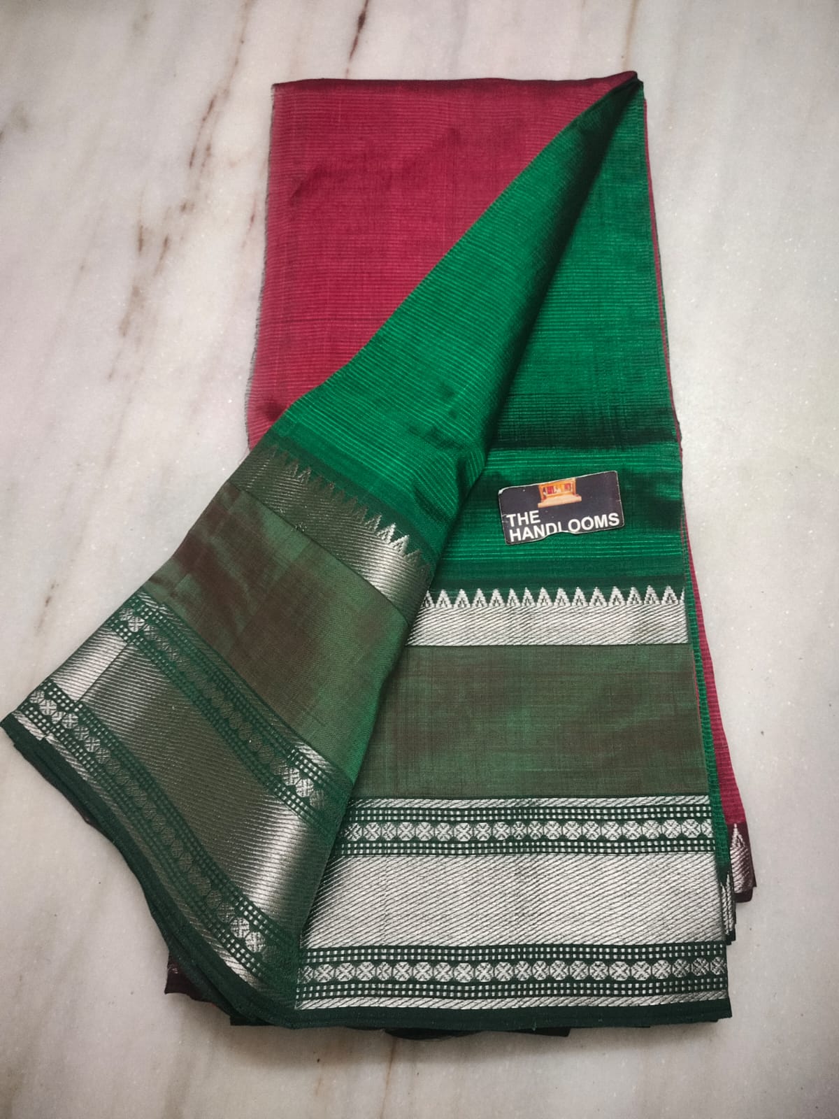 Mangalagiri Silk / Cotton Kanchi Silver Zari Gap Border Saree With Contrast Blouse