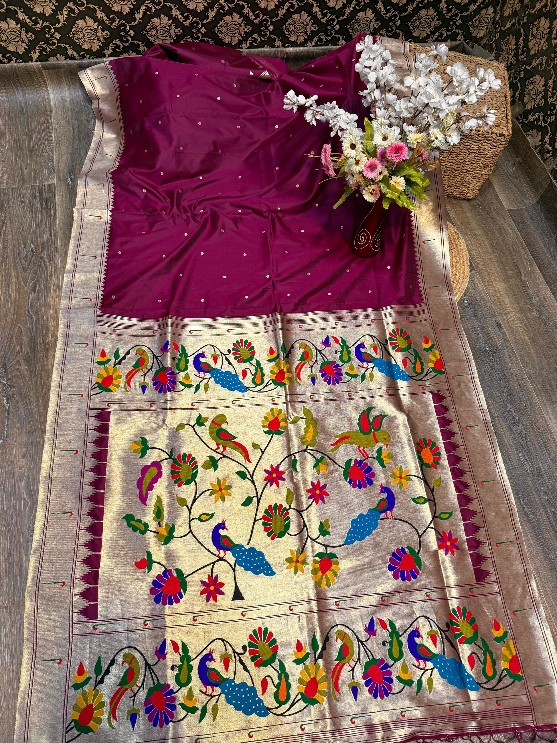 Paithani Katan Soft Silk Banaras Single Muniya All Over Buttas Design Saree