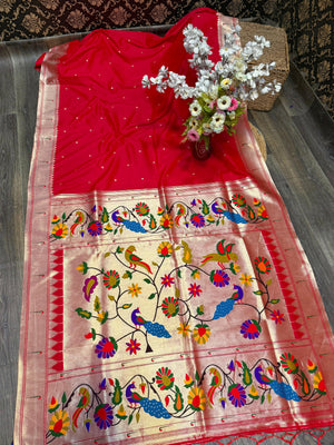 Paithani Katan Soft Silk Banaras Single Muniya All Over Buttas Design Saree