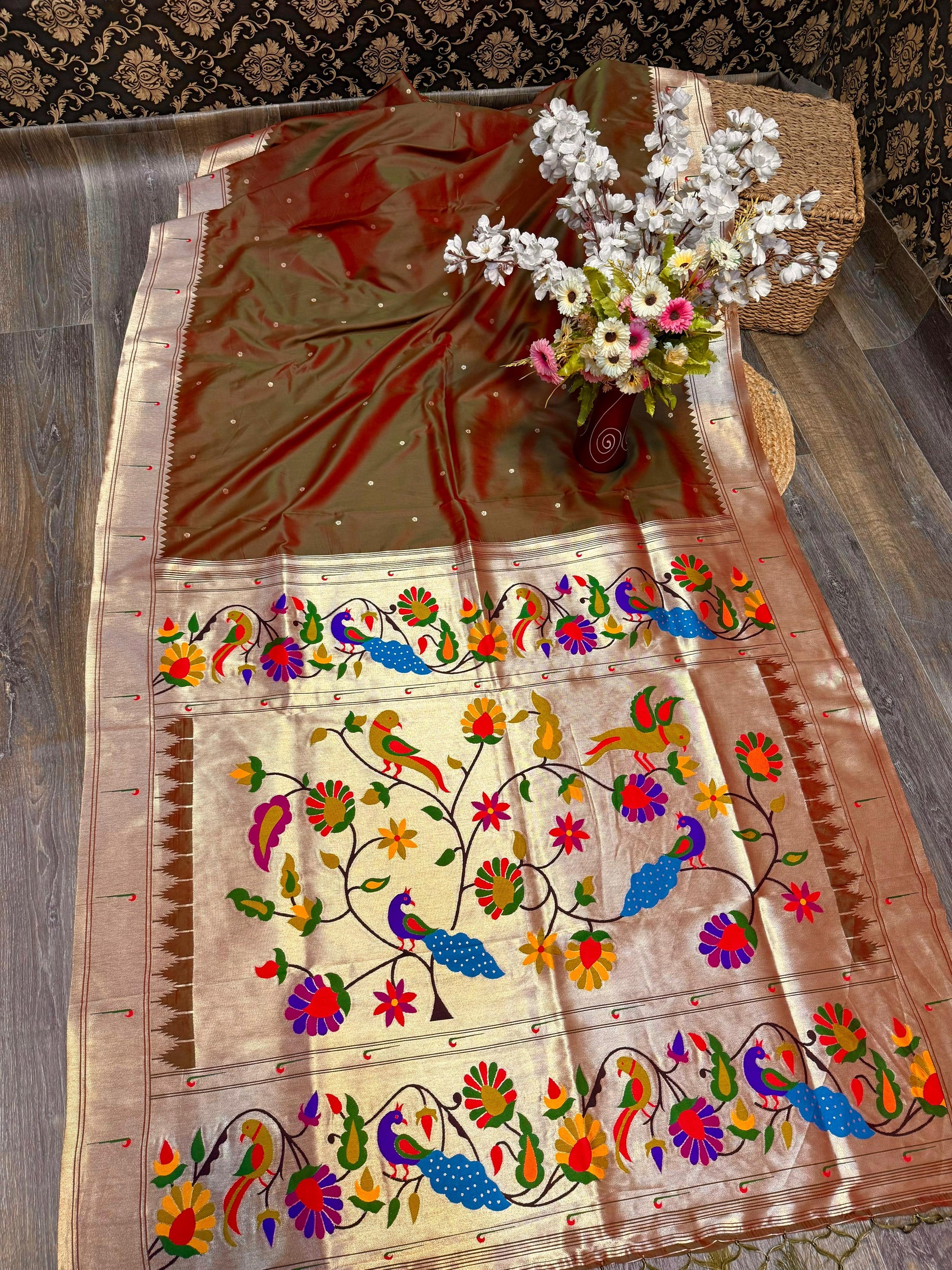 Paithani Katan Soft Silk Banaras Single Muniya All Over Buttas Design Saree