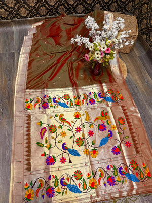 Paithani Katan Soft Silk Banaras Single Muniya All Over Buttas Design Saree