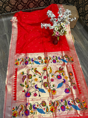 Paithani Katan Soft Silk Banaras Single Muniya All Over Buttas Design Saree